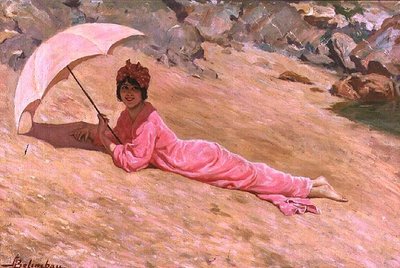 Girl Lying on the Beach with a Pink Parasol by Adolfo Belimbau