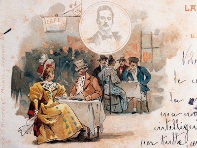 Postcard created on occasion of premiere of opera La Boheme, depicting scene from second act by Adolfo Hohenstein