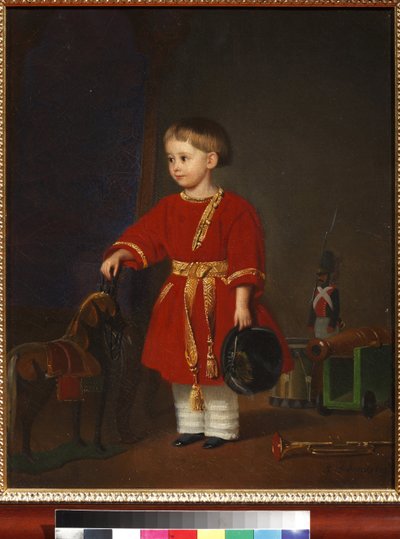 Portrait of a boy in a red dress with military toys by Adolf Jebens by Adolph Gebens