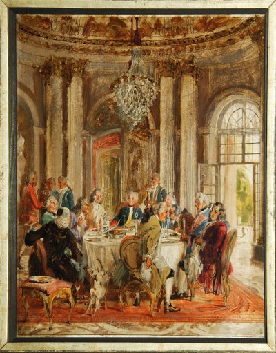 The Round Table of Frederick II of Prussia (1712-1786) with Voltaire and Christoph Ludwig von Stille at Sanssouci Palace by Adolph Menzel