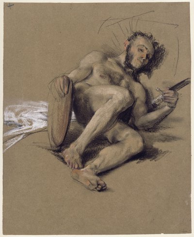 Study of a Bearded Man Resting on the Ground with Sword and Shield, Study for the Address on the Occasion of the Coming of Age of the Crown Prince 1850 by Adolph Menzel