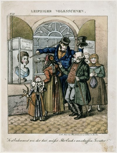 Farmers in Front of the Wax Bust of a Hairdresser. From: Leipzig Folk Scenes by Adolph Menzel