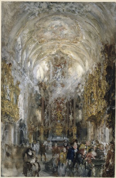 View into the Collegiate Church of Our Lady at the Old Chapel in Regensburg, with People at the Holy Water Font in the Right Foreground by Adolph Menzel