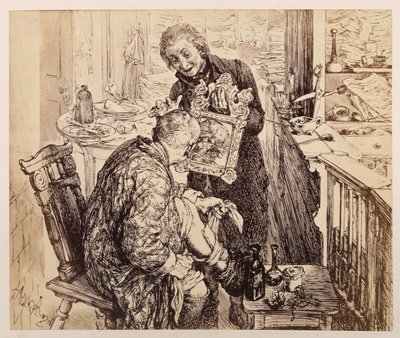 The Scribe Licht Finds Village Judge Adam Bandaging His Leg. Adam Looks in the Mirror Held by Licht, at His Bruised Face, to Heinrich von Kleist