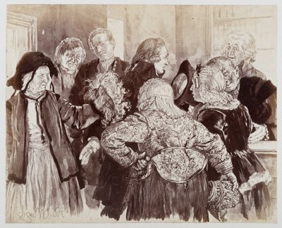 The Old Brigitte with the Wig in the Courtroom. Light pushes through the parties with the hat in hand to introduce the old woman to the councilor, to Heinrich von Kleist "The Broken Jug" by Adolph Menzel