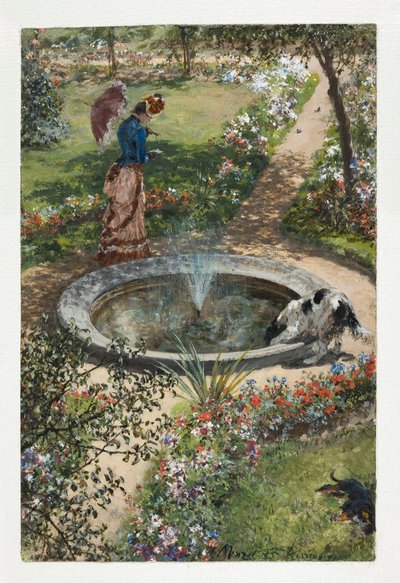 Woman Walking Around a Fountain in the Spa Garden in Kissingen by Adolph Menzel