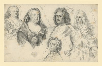 Queen Sophia Dorothea of Prussia, Empress Elizabeth of Russia, King Augustus II of Poland, King Augustus III of Poland, Louis XV of France by Adolph Menzel