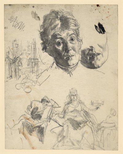 Head of an Older Woman, Repeated Chin Area, Architectural Sketch, Figurative Sketch for an Allegory by Adolph Menzel