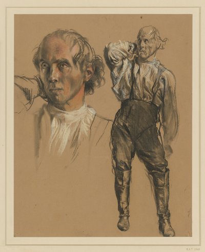Man in Shirt, Trousers and High Boots, Standing en Face, Touching the Back of His Neck with His Right Hand, Looking Left, Left: Larger Head Study by Adolph Menzel