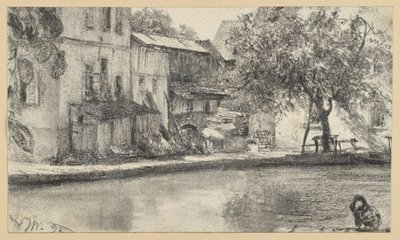 Back of a Row of Houses and Tree by the Water by Adolph Menzel