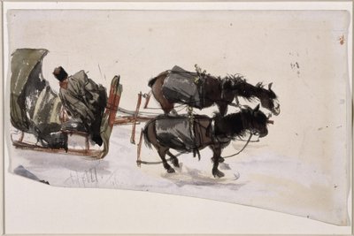 Sleigh Team with Two Horses and Coachman, Seen from Above by Adolph Menzel