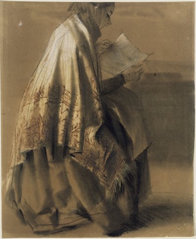 Seated Woman Reading in a Wide Shawl by Adolph Menzel