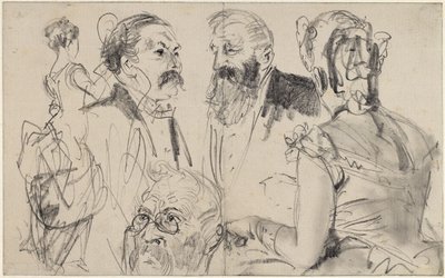 Sketch Sheet with Three Male Heads and Two Female Back Figures of an Elegant Society by Adolph Menzel