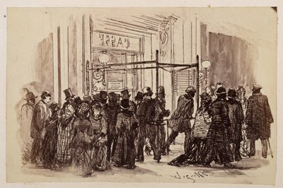 Theater Box Office, Buyers Push from Right to the Illuminated Box Office and Move to the Left, to Heinrich von Kleist "The Broken Jug" by Adolph Menzel