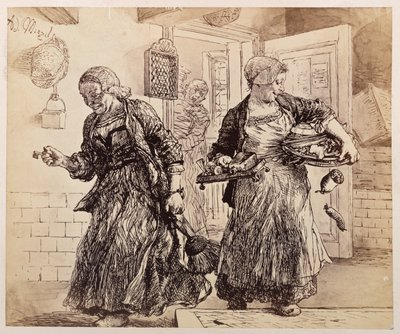 Two Maids Laughing with Serving Trays, Bowls, etc. Forward. The Village Judge, Handling a Stack of Files in the Back Room, Scolds Them, to Heinrich von Kleist "The Broken Jug" by Adolph Menzel