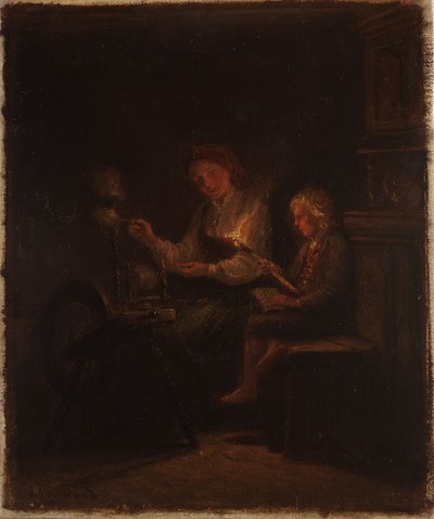 By the Spinning Wheel by Adolph Tidemand