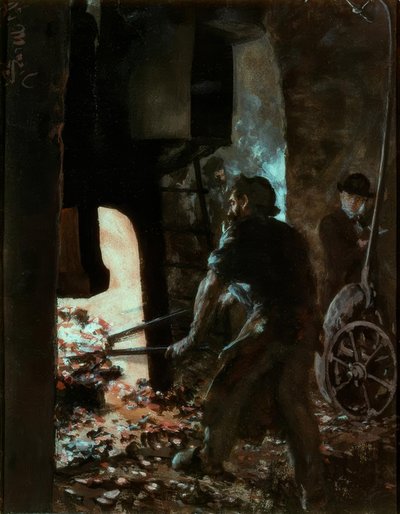 Self-Portrait with Worker at the Steam Hammer by Adolph Menzel