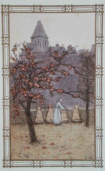 Beekeeper checking her beehives, illustration from 