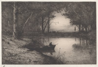 A Fisherman in a Wooded Pond at Evening by Adolphe Appian