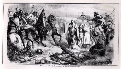 St. Loup defending the city of Troyes against Attila the Hun on his Horse, illustration from a history of France, 2nd half 19th century by Adolphe Francois Pannemaker