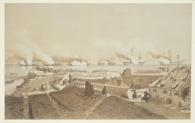 Bombardment of Kil-Bouroun at the mouth of the River Dnieper by the French fleet, from Nos Souvenirs de Kil-Bouroun pendant LHiver passe dans Le Liman du Dnieper, 1855-56, engraved by Eugene Ciceri by Adolphe Jean Baptiste Bayot and Antoine Leon Morel Fatio