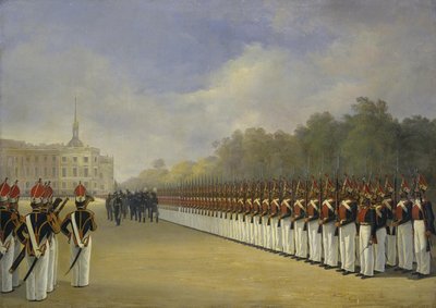 Parade of the Pavlovsky Guard Regiment on the Field of Mars in Saint Petersburg, 1830s by Adolphe Ladurner