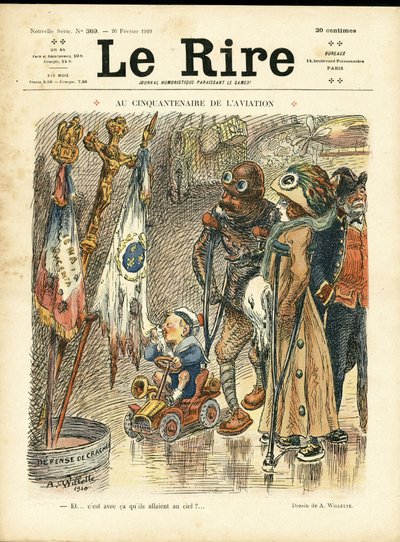 Illustration for the Cover of Le Rire, 26/02/10 - At the Fiftieth Anniversary of Aviation - Aviation, Fashion, Hat, Accidents Disasters by Adolphe Leon Willette