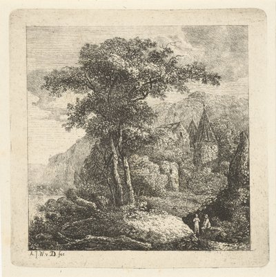 Mountainous Landscape with Trees, Castle, and Two Figures by Adriaan Jacob Willem van Dielen