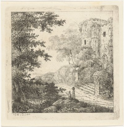 Landscape with figures by castle ruins by Adriaan Jacob Willem van Dielen