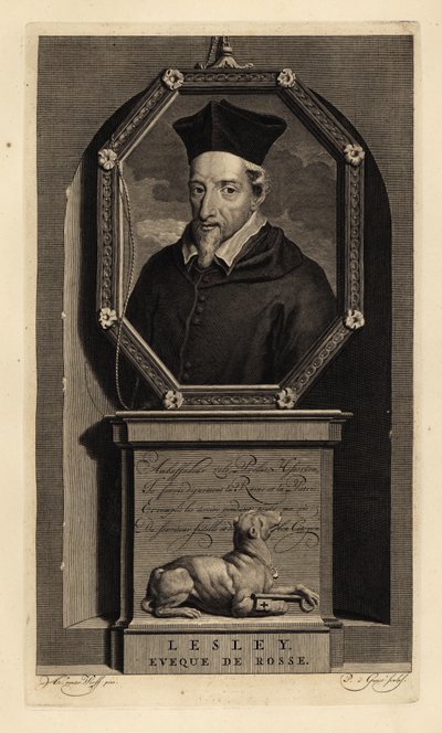 John Lesley, Scottish historian and Bishop of Ross. Dog with key. Copperplate engraving by Pieter Stevens van Gunst after Adriaen van der Werff from Isaac de Larrey’s Histoire d’Angleterre, d’Ecosse et d’Irlande, Amsterdam by Adriaan van der (after) Werff