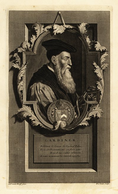 Portrait of Stephen Gardiner, Bishop of Winchester and politician. With coat of arms. Copperplate engraving by Pieter Stevens van Gunst after Adriaen van der Werff from Isaac de Larrey’s Histoire d’Angleterre, d’Ecosse et d’Irlande, Reinier Leers, Rotterda by Adriaan van der (after) Werff