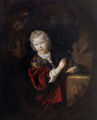 Portrait of a Young Boy Holding a Parakeet beside a Statue of Hercules by Adriaan van der Werff