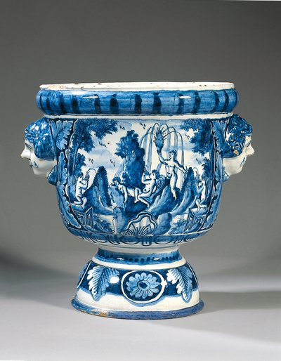 Delft Blue and White Two-Handled Mythological Pedestal Garden Urn by Adriaen (fl.1868 d.1701) (attr.to) Kocks