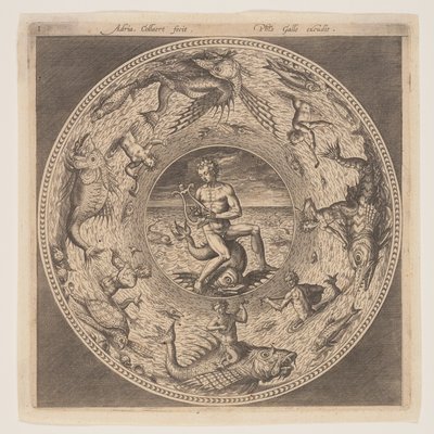 Arion on a Dolphin surrounded by a Border decorated with Sea Creatures, from a Set of Designs for Plates by Adriaen Collaert