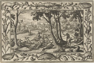 Bear Hunt Landscapes with Biblical, Mythological Scenes and Hunting Scenes (series title) by Adriaen Collaert