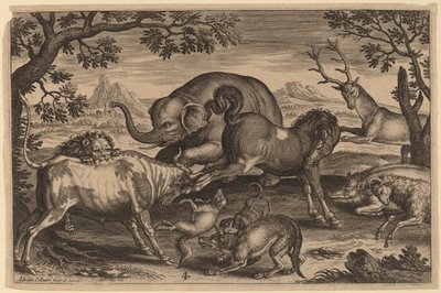 Lion, Bull, Fox, Wolf, Dog, Boar, Goat, Horse, Elephant and Deer by Adriaen Collaert