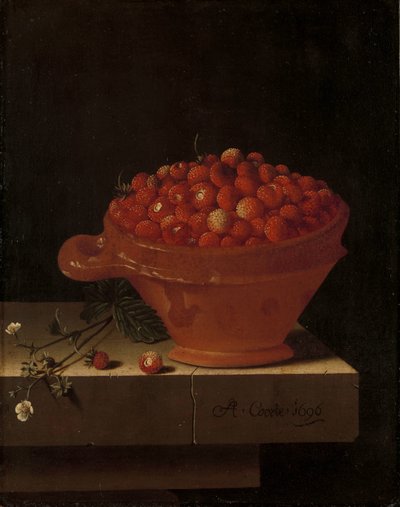 A Bowl of Strawberries on a Stone Plinth by Adrian Coorte