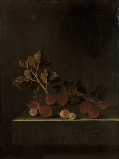 A Sprig of Gooseberries on a Stone Plinth by Adrian Coorte