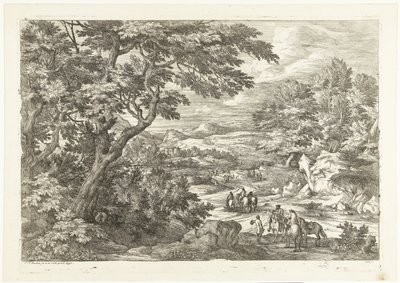 Landscape with hunters on their way home, a castle in the distance by Adriaen Frans Boudewyns