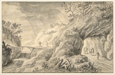 Rocky landscape with road by Adriaen I van Nieulandt