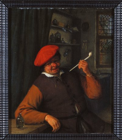 A Peasant in a Red Beret Smoking a Pipe, in an Interior by Adriaen Jansz. van Ostade