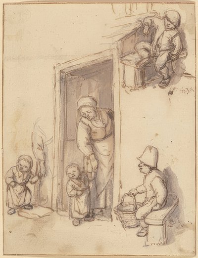 Study Sheet with a Mother and Her Daughter at the Door, Two Seated Boys. 1660s by Adriaen Jansz. van Ostade