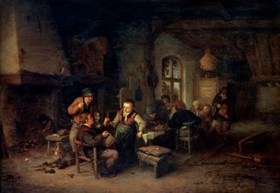 The Interior of an Inn with Nine Peasants and a Hurdy-Gurdy Player by Adriaen Jansz. van Ostade