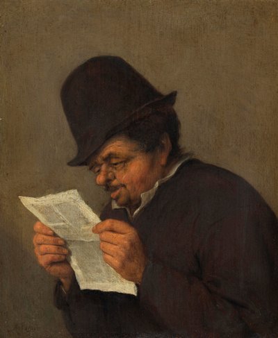 Old Peasant Reading a Paper by Adriaen Jansz. van school of Ostade