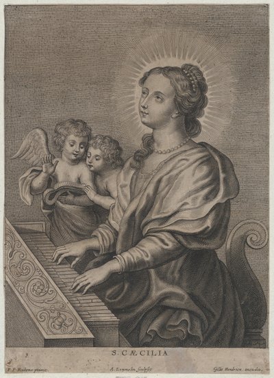 Saint Cecilia Playing the Organ with Two Putti at Left by Adriaen Lommelin