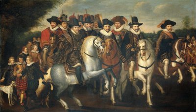 Prince Maurice Accompanied by his Two Brothers, Frederick V, Elector Palatine, and Counts of Nassau on Horseback by Adriaen Pietersz van de Venne (follower of)