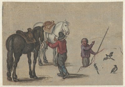 Man Holding Two Horses and a Man by Birds by Adriaen Pietersz van de Venne (possibly)