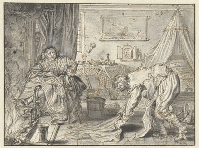 Man Cleaning the Floor while his Wife Sits by the Hearth by Adriaen Pietersz van de Venne