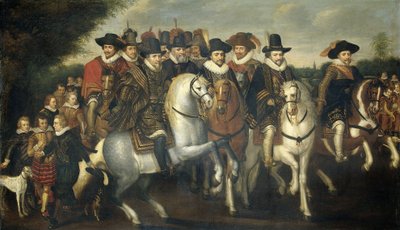 Prince Maurice Accompanied by his two Brothers, Frederick V, Elector Palatine, and Counts of Nassau on Horseback by Adriaen Pietersz van de Venne