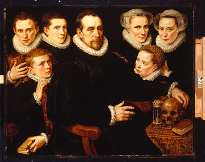 A Group Portrait of a Gentleman Aged 57, seated three-quarter length, by a Table with a Skull, an Hourglass and a Book, with his Three Daughters, Aged 30, 23 and 12, and his Three Sons, Aged 19, 18 and 14 by Adriaen Thomasz Key